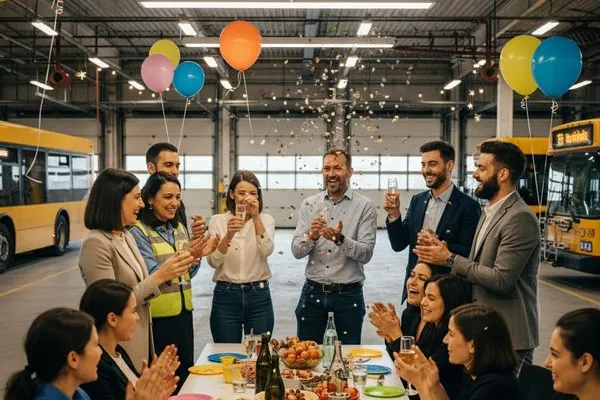 Celebration in bus garage