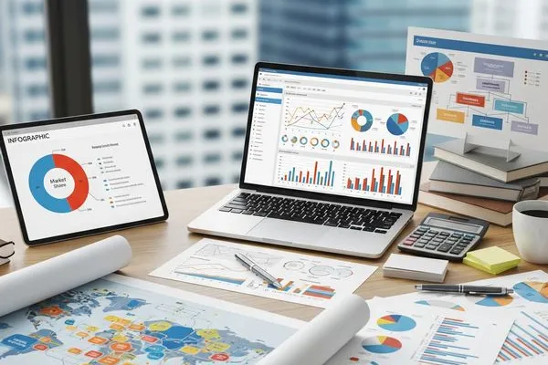 desk with charts and statistical data